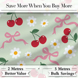 Cute Cherry Bow and Daisy Seamless Pattern on Sage Green Digital Print Fabric by the Metre UK Sewing Quilting Textile