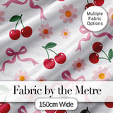 Cute Cherry Bow and Daisy Seamless Pattern on White Digital Print Fabric by the Metre UK Sewing Quilting Textile