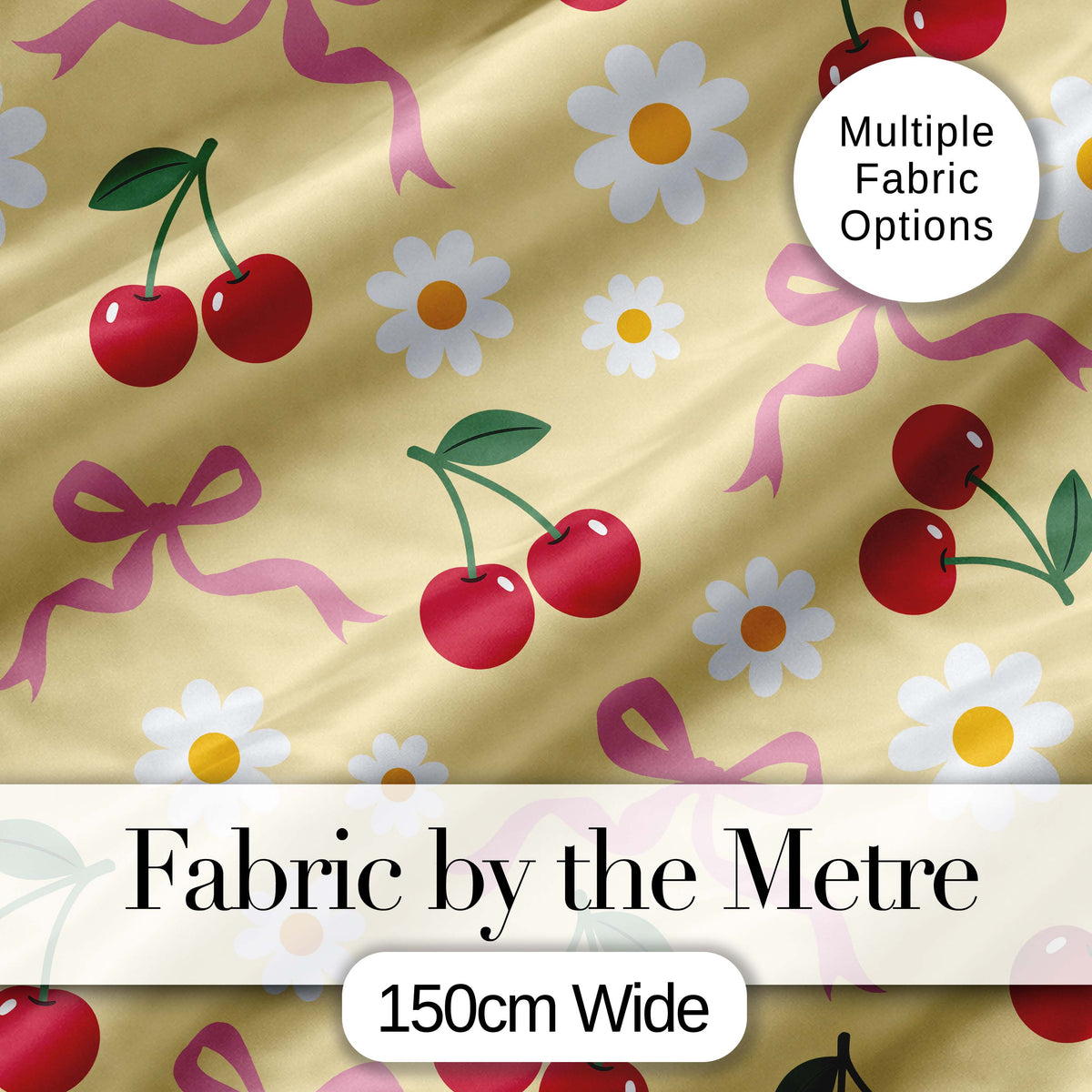 Cute Cherry Bow and Daisy Seamless Pattern on Yellow Digital Print Fabric by the Metre UK Sewing Quilting Textile