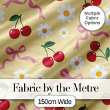 Cute Cherry Bow and Daisy Seamless Pattern on Yellow Digital Print Fabric by the Metre UK Sewing Quilting Textile