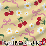 Cute Cherry Bow and Daisy Seamless Pattern on Yellow Digital Print Fabric by the Metre UK Sewing Quilting Textile