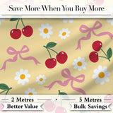 Cute Cherry Bow and Daisy Seamless Pattern on Yellow Digital Print Fabric by the Metre UK Sewing Quilting Textile