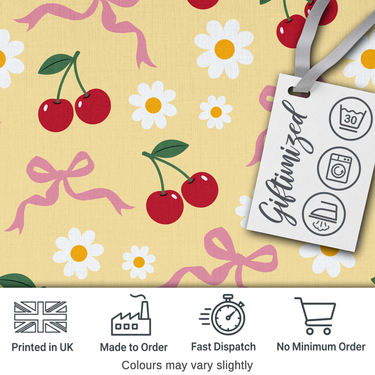 Cute Cherry Bow and Daisy Seamless Pattern on Yellow Digital Print Fabric by the Metre UK Sewing Quilting Textile