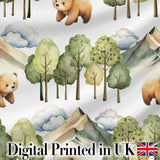 Watercolor Bear Forest Mountain Scenic Seamless Pattern Digital Print Fabric by the Metre UK Sewing Quilting Textile