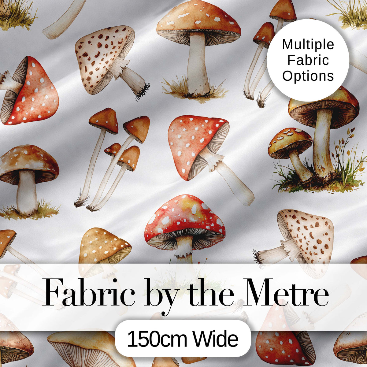 Watercolor Woodland Mushroom Botanical Seamless Pattern Digital Print Fabric by the Metre UK Sewing Quilting Textile