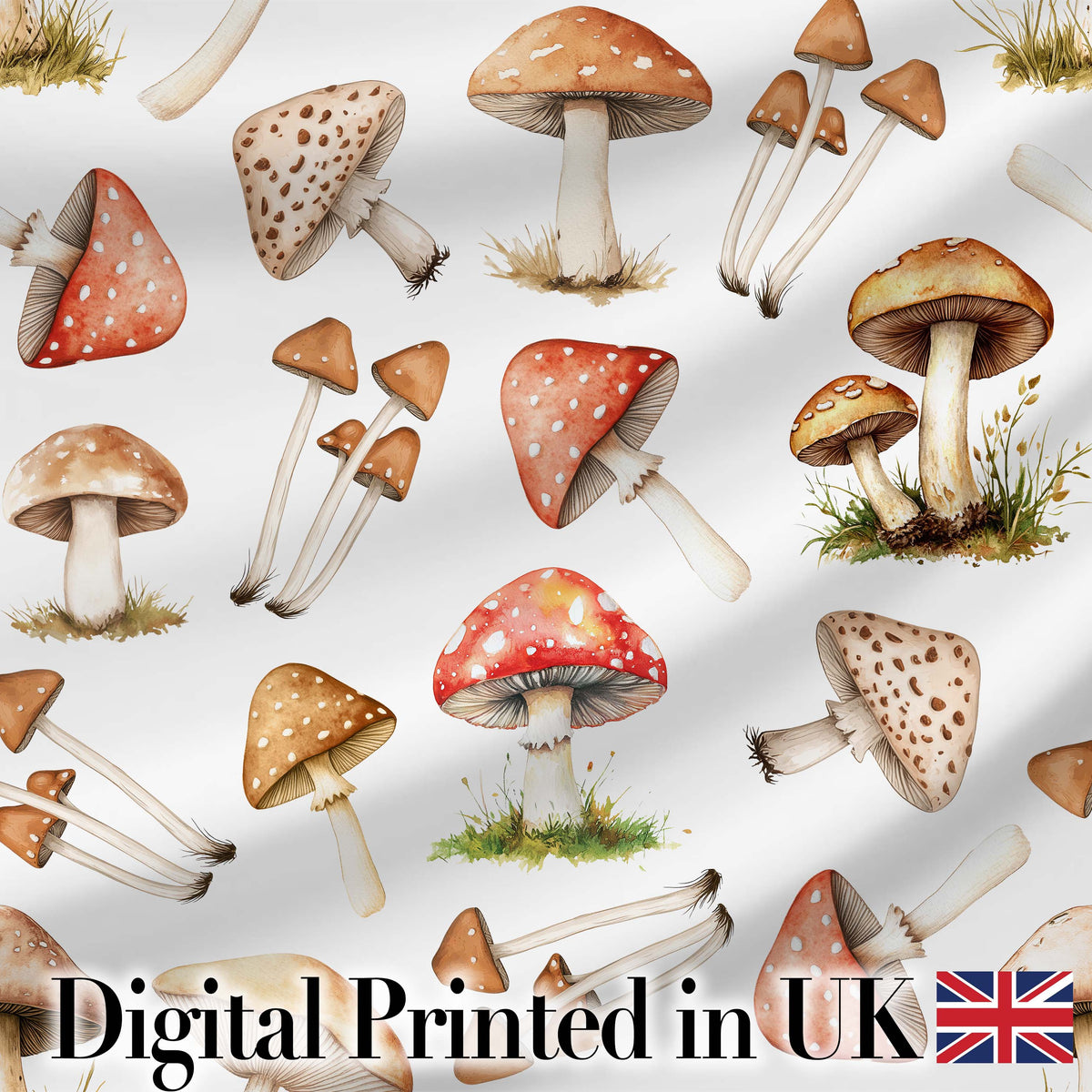 Watercolor Woodland Mushroom Botanical Seamless Pattern Digital Print Fabric by the Metre UK Sewing Quilting Textile