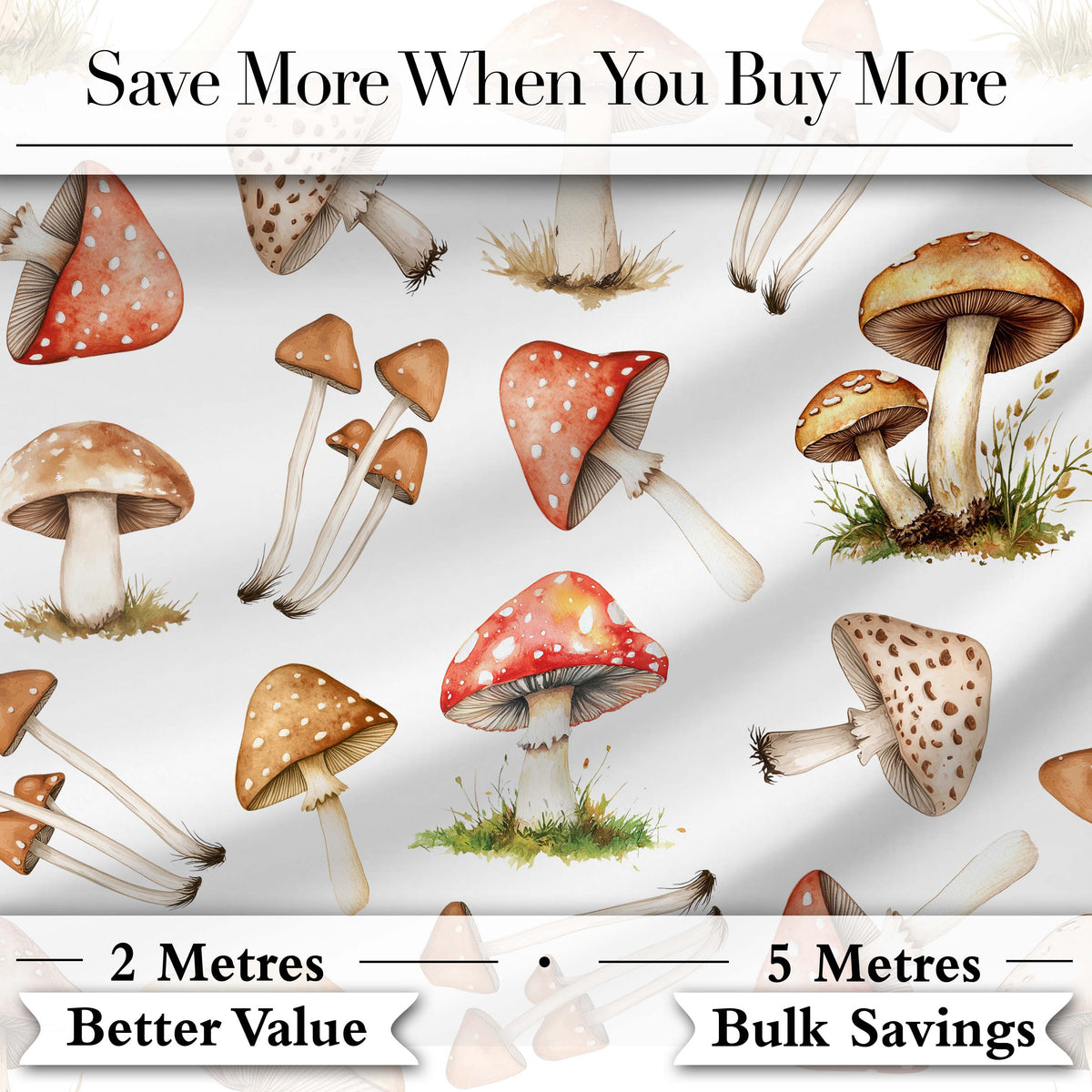Watercolor Woodland Mushroom Botanical Seamless Pattern Digital Print Fabric by the Metre UK Sewing Quilting Textile