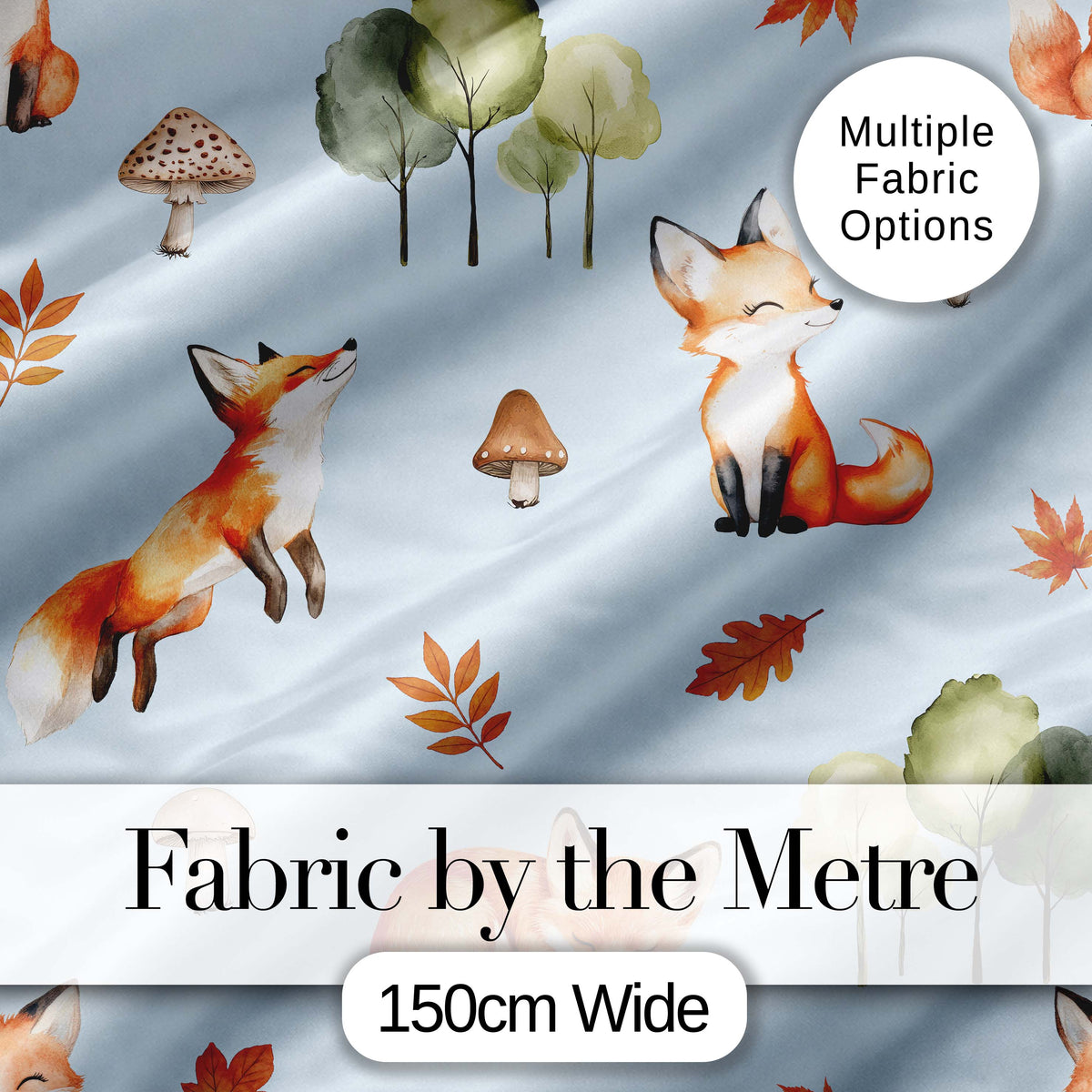 Watercolor Woodland Fox Mushroom Autumn Seamless Pattern on Blue Background Digital Print Fabric by the Metre UK Sewing Quilting Textile