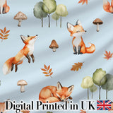 Watercolor Woodland Fox Mushroom Autumn Seamless Pattern on Blue Background Digital Print Fabric by the Metre UK Sewing Quilting Textile