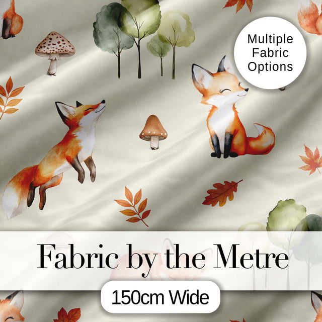 Watercolor Woodland Fox Mushroom Autumn Seamless Pattern on Beige Background Digital Print Fabric by the Metre UK Sewing Quilting Textile