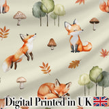 Watercolor Woodland Fox Mushroom Autumn Seamless Pattern on Beige Background Digital Print Fabric by the Metre UK Sewing Quilting Textile