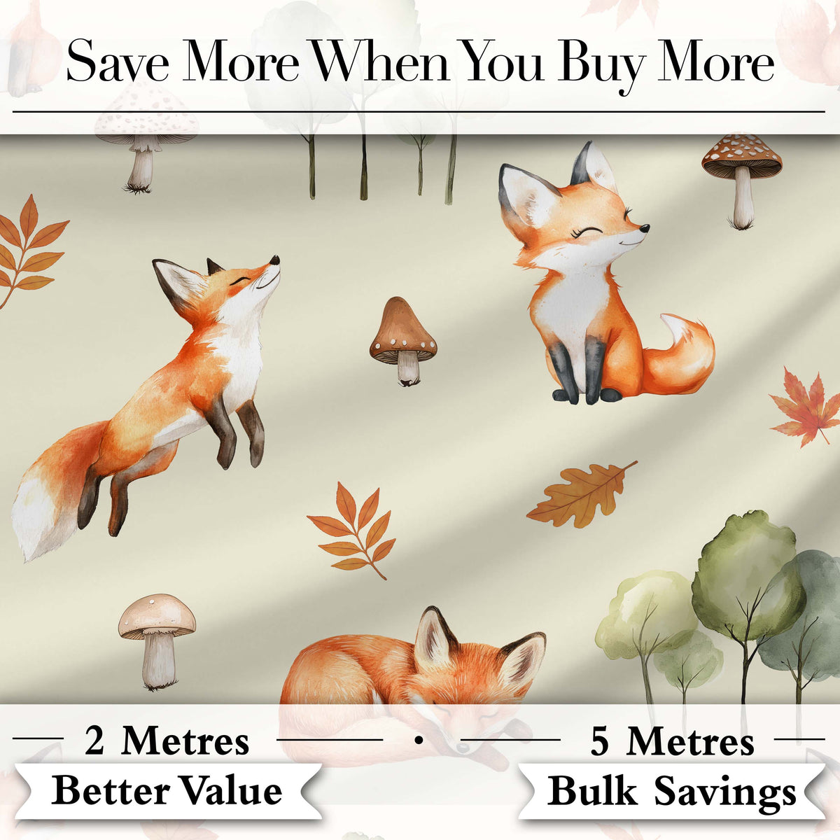 Watercolor Woodland Fox Mushroom Autumn Seamless Pattern on Beige Background Digital Print Fabric by the Metre UK Sewing Quilting Textile