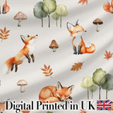 Watercolor Woodland Fox Mushroom Autumn   on Light Grey Background Digital Print Fabric by the Metre UK Sewing Quilting Textile