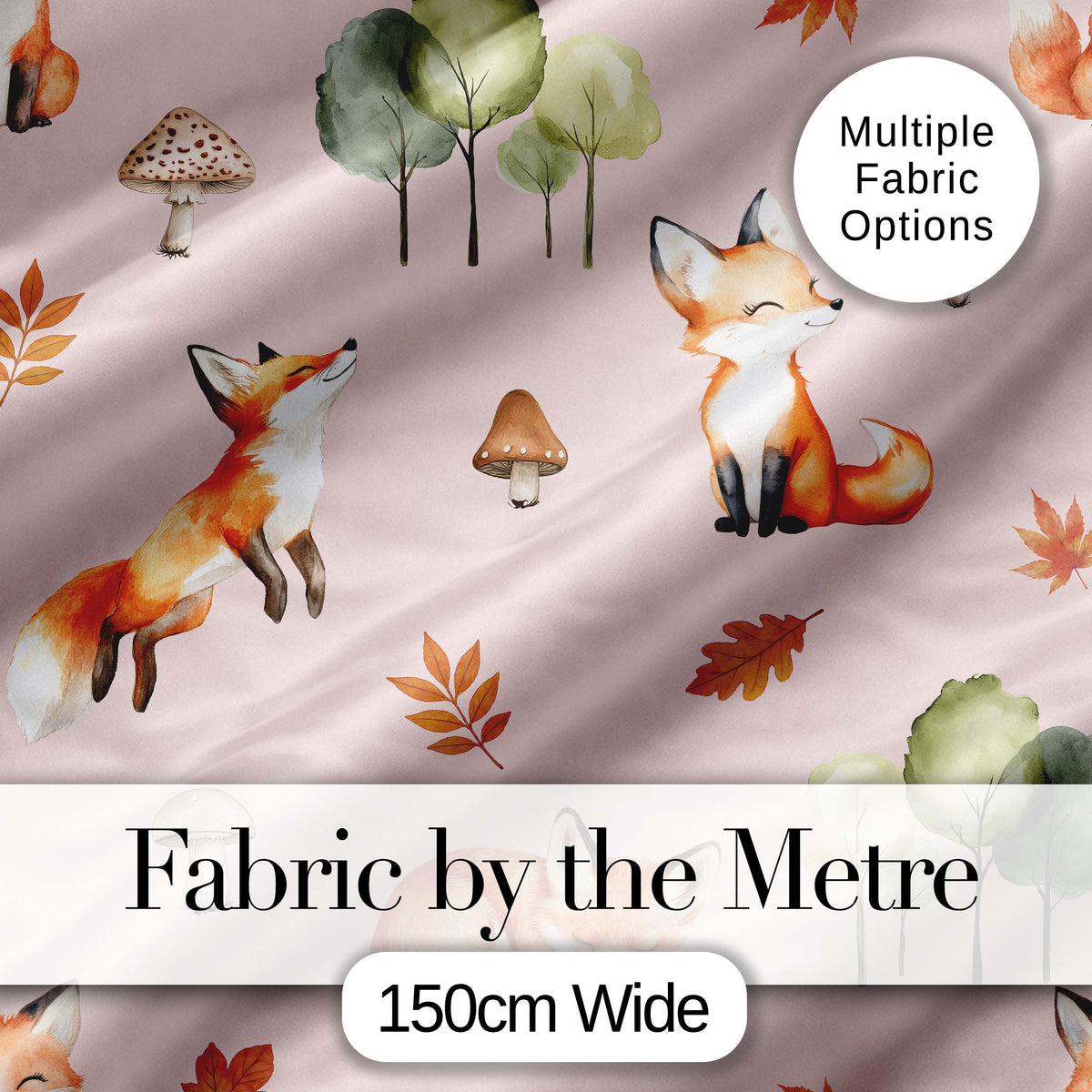 Watercolor Woodland Fox Mushroom Autumn   on Blush Pink Background Digital Print Fabric by the Metre UK Sewing Quilting Textile