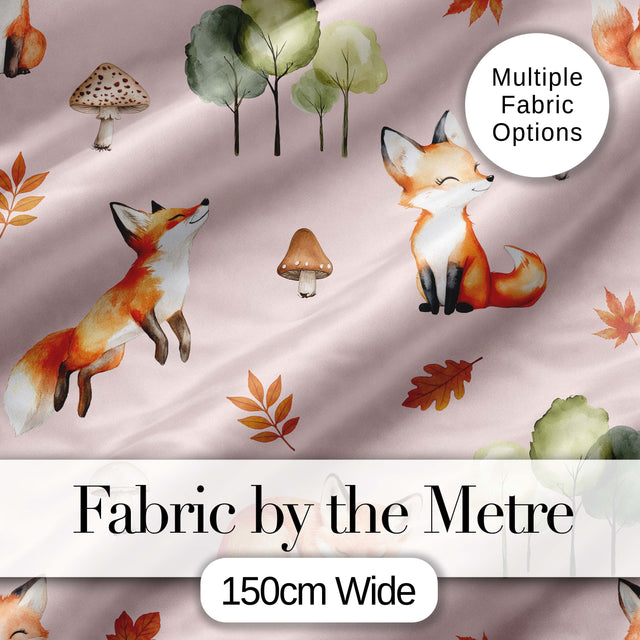 Watercolor Woodland Fox Mushroom Autumn   on Blush Pink Background Digital Print Fabric by the Metre UK Sewing Quilting Textile