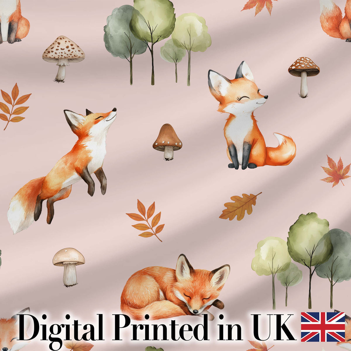 Watercolor Woodland Fox Mushroom Autumn   on Blush Pink Background Digital Print Fabric by the Metre UK Sewing Quilting Textile