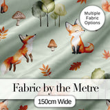 Watercolor Woodland Fox Mushroom Autumn   on Sage Green Background Digital Print Fabric by the Metre UK Sewing Quilting Textile