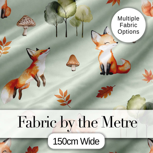 Watercolor Woodland Fox Mushroom Autumn   on Sage Green Background Digital Print Fabric by the Metre UK Sewing Quilting Textile