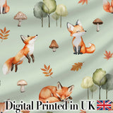 Watercolor Woodland Fox Mushroom Autumn   on Sage Green Background Digital Print Fabric by the Metre UK Sewing Quilting Textile