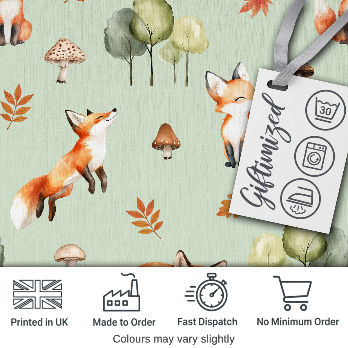 Watercolor Woodland Fox Mushroom Autumn   on Sage Green Background Digital Print Fabric by the Metre UK Sewing Quilting Textile