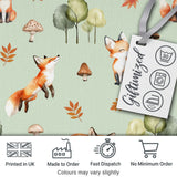 Watercolor Woodland Fox Mushroom Autumn   on Sage Green Background Digital Print Fabric by the Metre UK Sewing Quilting Textile