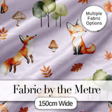 Watercolor Woodland Fox Mushroom Autumn   on Soft Lavender Background Digital Print Fabric by the Metre UK Sewing Quilting Textile