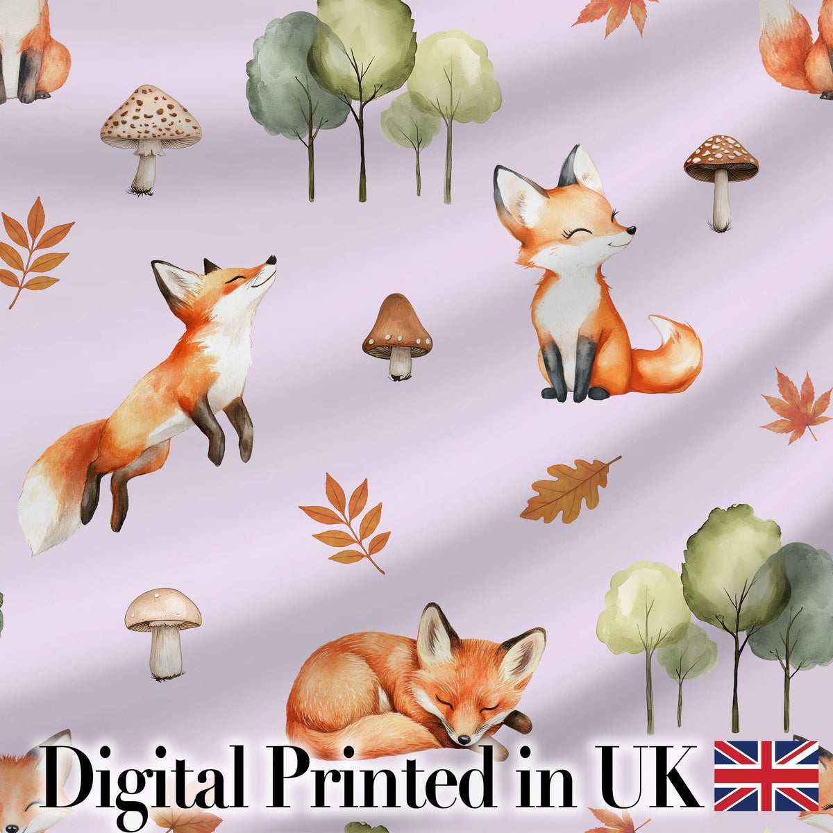 Watercolor Woodland Fox Mushroom Autumn   on Soft Lavender Background Digital Print Fabric by the Metre UK Sewing Quilting Textile
