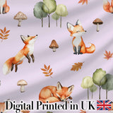 Watercolor Woodland Fox Mushroom Autumn   on Soft Lavender Background Digital Print Fabric by the Metre UK Sewing Quilting Textile