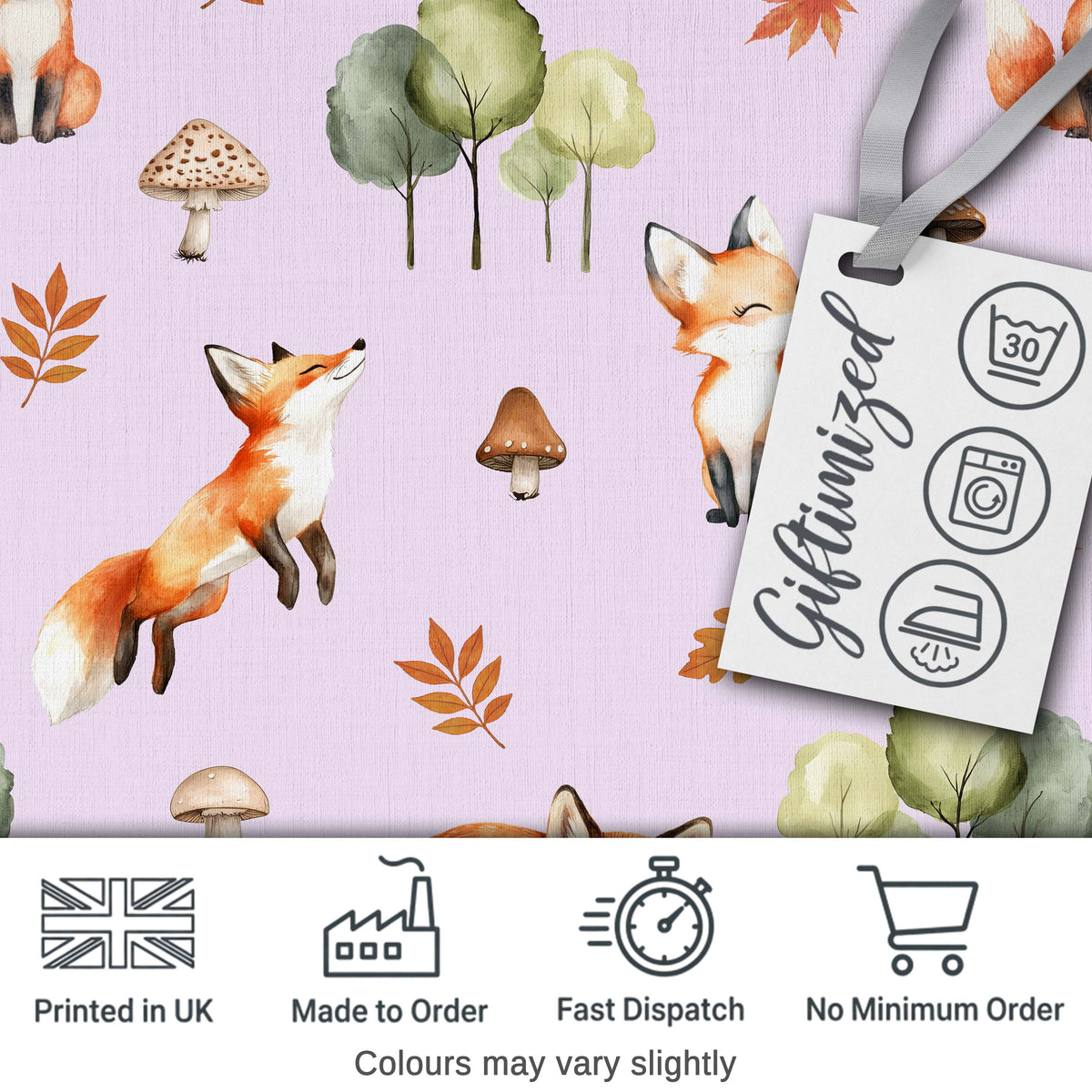 Watercolor Woodland Fox Mushroom Autumn   on Soft Lavender Background Digital Print Fabric by the Metre UK Sewing Quilting Textile