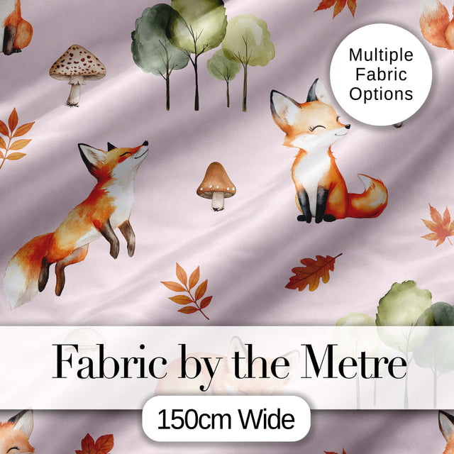 Watercolor Woodland Fox Mushroom Autumn   on Dusty Pink Background Digital Print Fabric by the Metre UK Sewing Quilting Textile