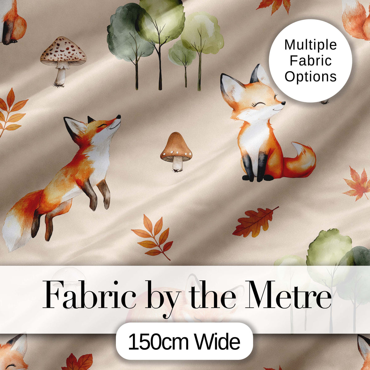Watercolor Woodland Fox Mushroom Autumn   on Warm Beige Background Digital Print Fabric by the Metre UK Sewing Quilting Textile