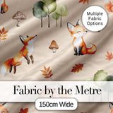 Watercolor Woodland Fox Mushroom Autumn   on Warm Beige Background Digital Print Fabric by the Metre UK Sewing Quilting Textile