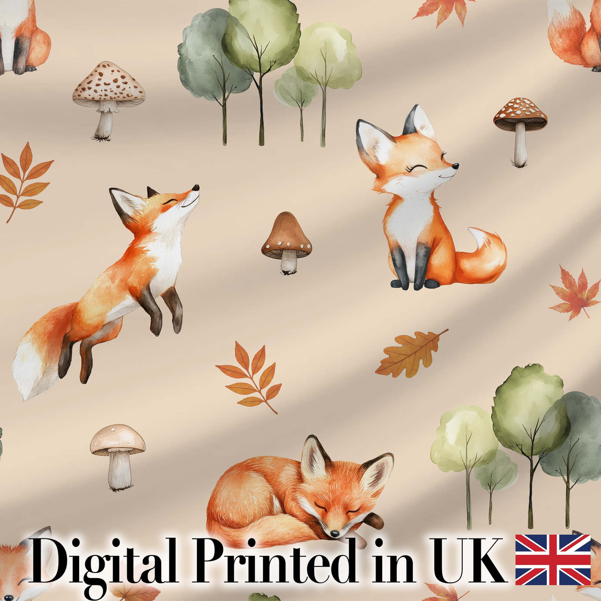 Watercolor Woodland Fox Mushroom Autumn   on Warm Beige Background Digital Print Fabric by the Metre UK Sewing Quilting Textile