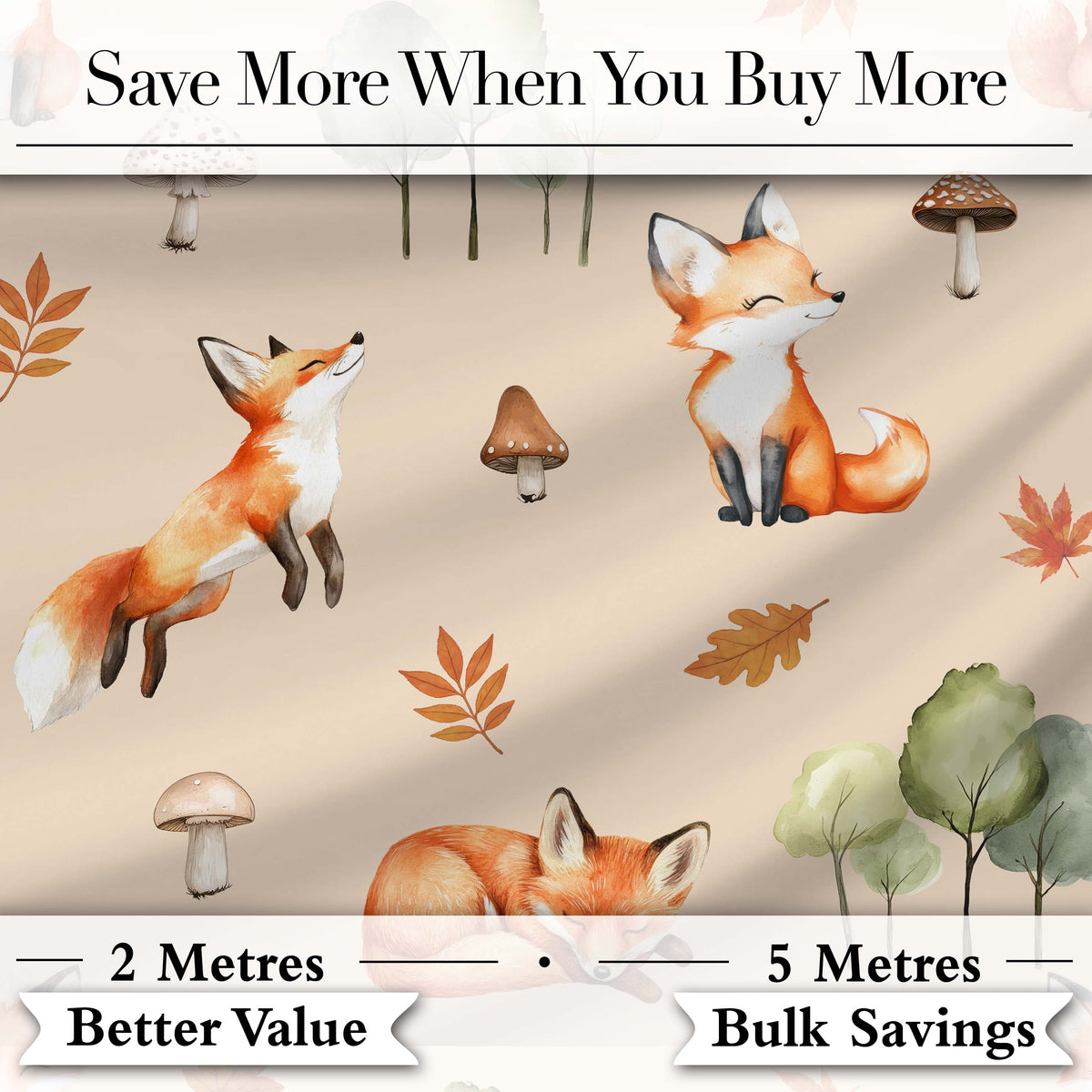 Watercolor Woodland Fox Mushroom Autumn   on Warm Beige Background Digital Print Fabric by the Metre UK Sewing Quilting Textile