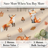 Watercolor Woodland Fox Mushroom Autumn   on Warm Beige Background Digital Print Fabric by the Metre UK Sewing Quilting Textile