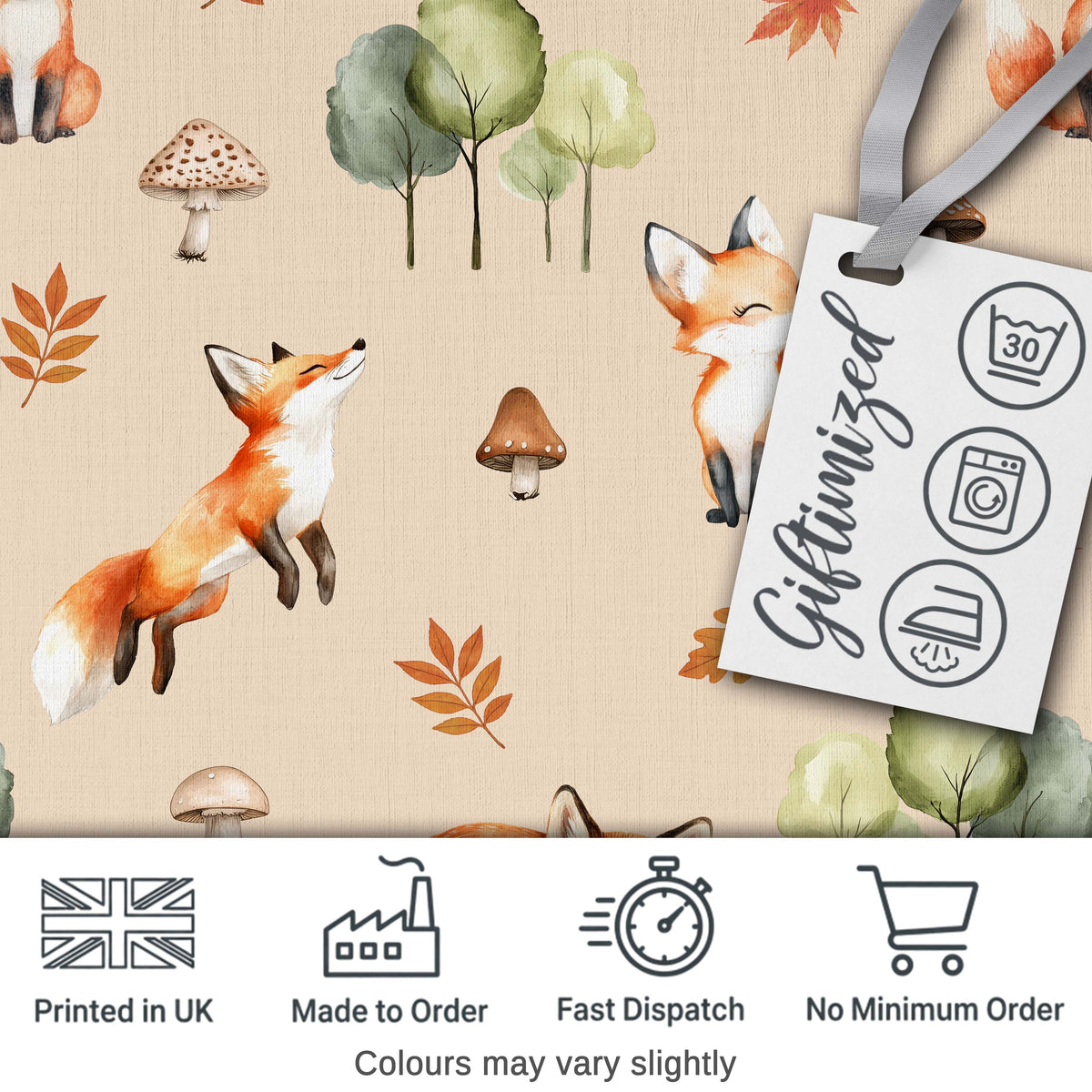 Watercolor Woodland Fox Mushroom Autumn   on Warm Beige Background Digital Print Fabric by the Metre UK Sewing Quilting Textile