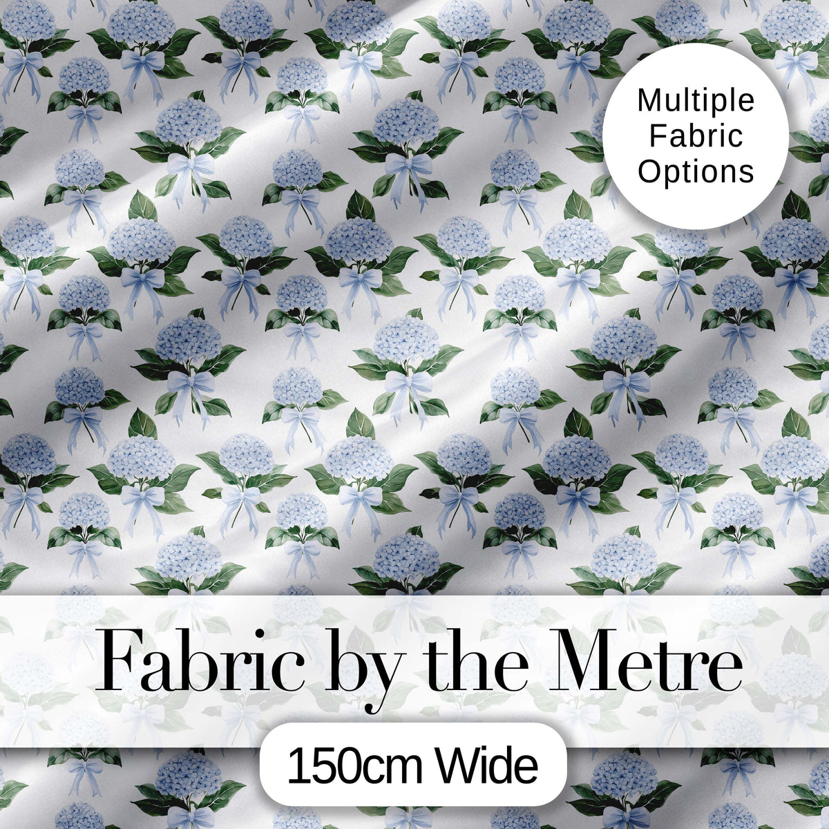 Blue Hydrangea Bouquet Ribbon Floral Seamless Pattern Digital Print Fabric by the Metre UK Sewing Quilting Textile