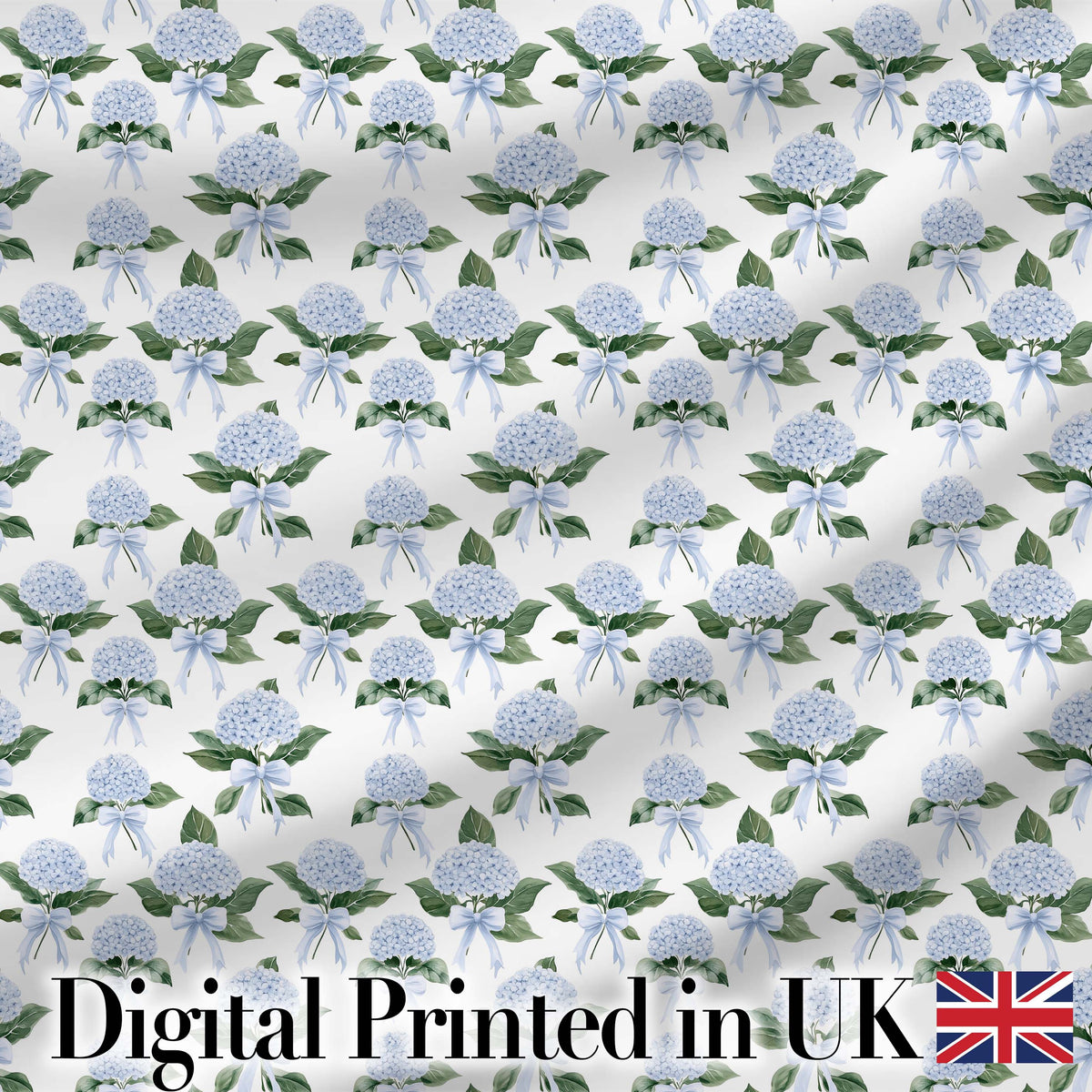 Blue Hydrangea Bouquet Ribbon Floral Seamless Pattern Digital Print Fabric by the Metre UK Sewing Quilting Textile
