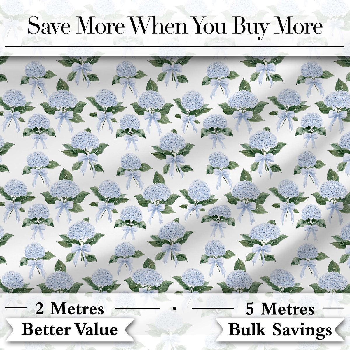 Blue Hydrangea Bouquet Ribbon Floral Seamless Pattern Digital Print Fabric by the Metre UK Sewing Quilting Textile