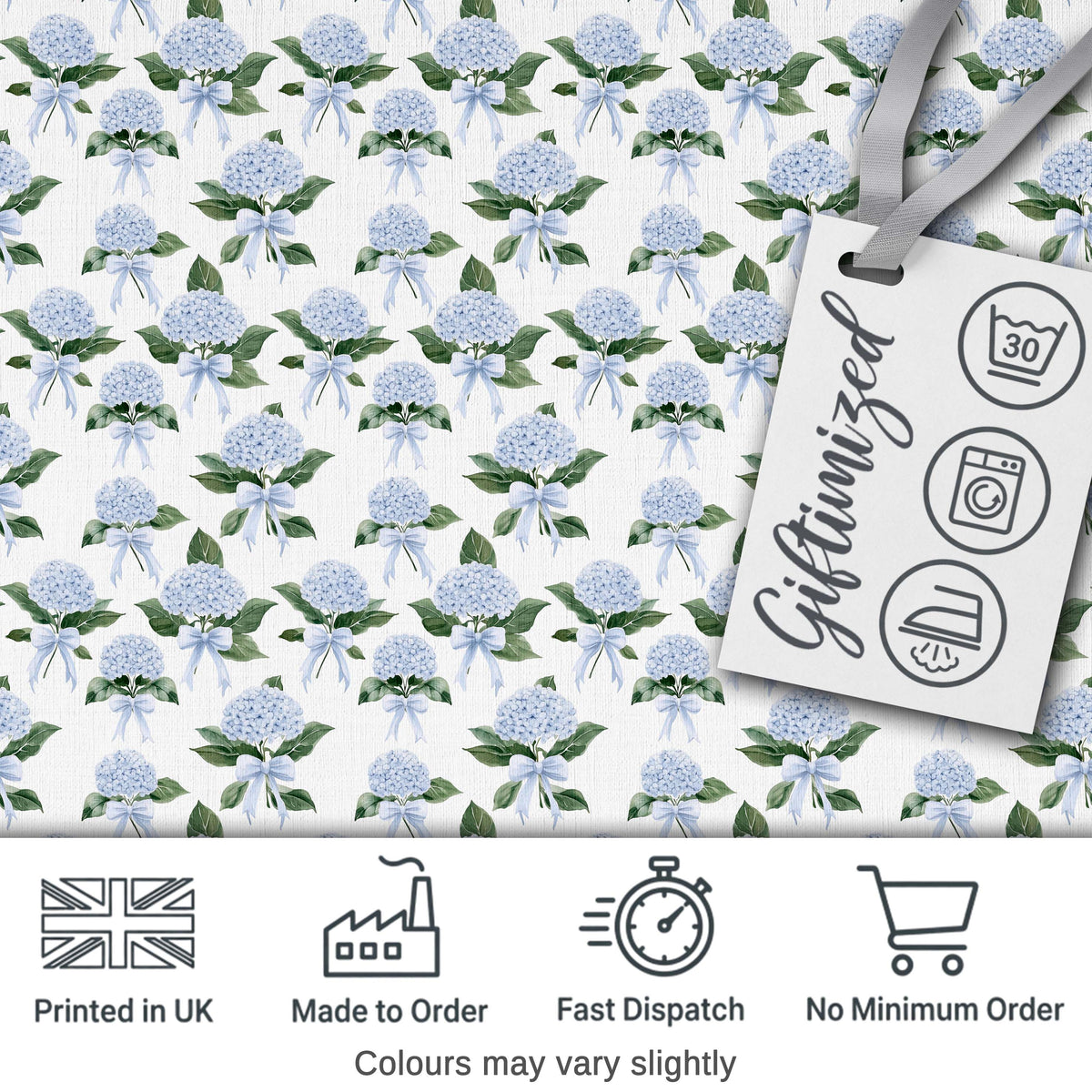 Blue Hydrangea Bouquet Ribbon Floral Seamless Pattern Digital Print Fabric by the Metre UK Sewing Quilting Textile