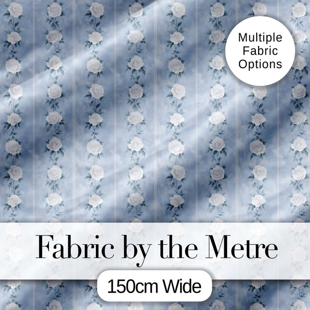 Vintage Blue Rose Stripe Floral Seamless Pattern Digital Print Fabric by the Metre UK Sewing Quilting Textile