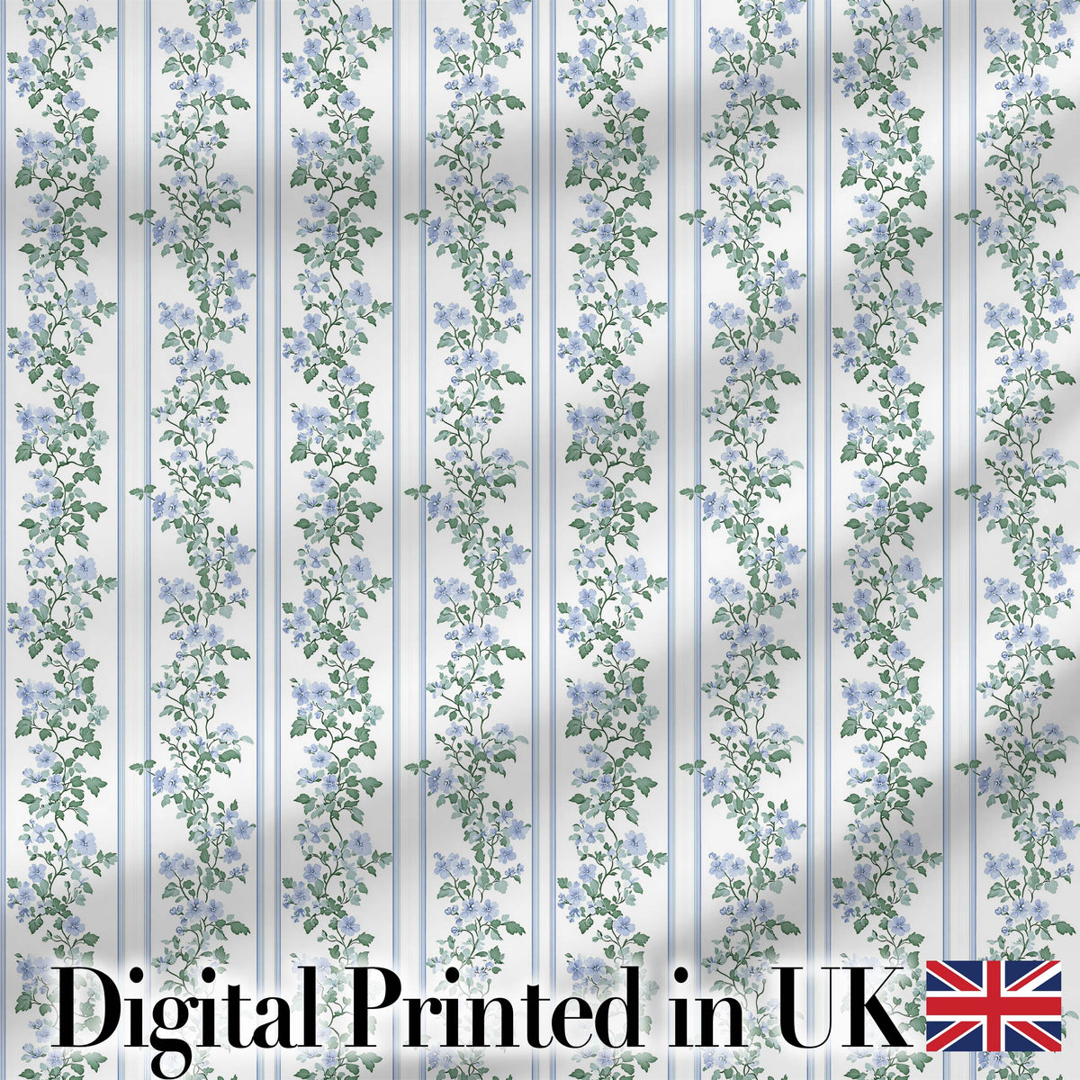 Blue Floral Vine Stripe Seamless Pattern Digital Print Fabric by the Metre UK Sewing Quilting Textile