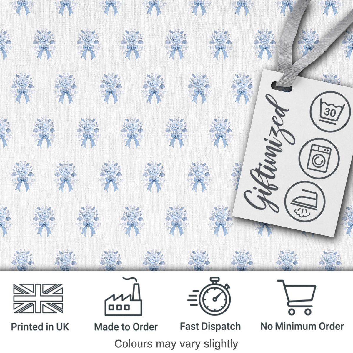 Blue Rose Bow Tossed Floral Seamless Pattern Digital Print Fabric by the Metre UK Sewing Quilting Textile