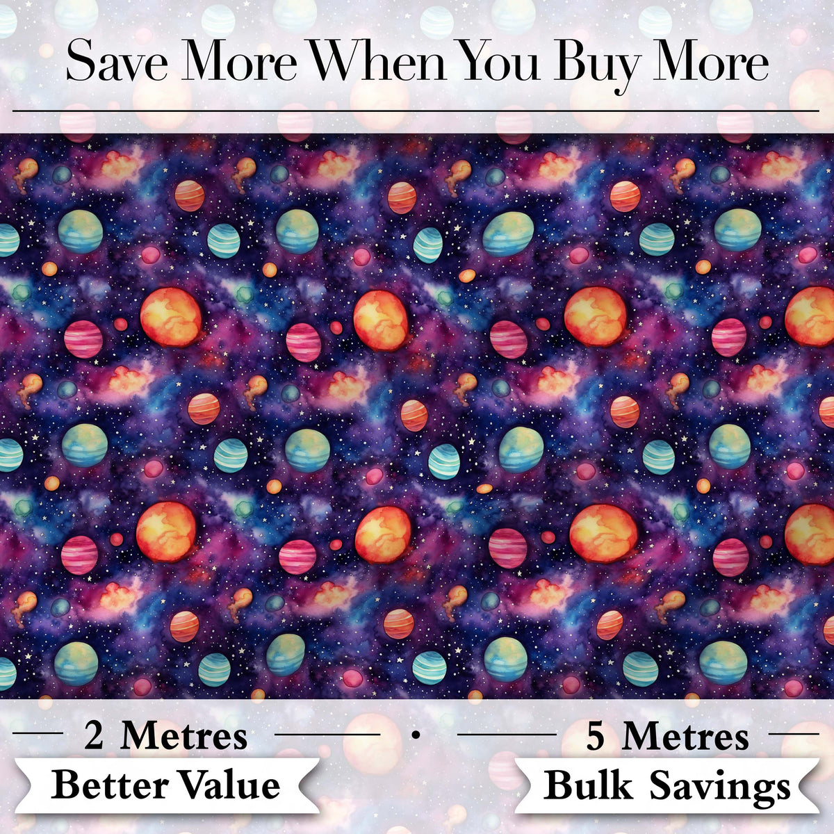 Colorful Cartoon Planets Galaxy Purple Space Seamless Pattern Fun Cosmic Digital Print Fabric by the Metre UK Sewing Quilting Textile