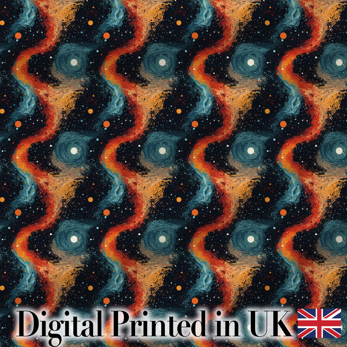 Abstract Flowing Orange Blue Cosmic Space Seamless Pattern Artistic Digital Print Fabric by the Metre UK Sewing Quilting Textile