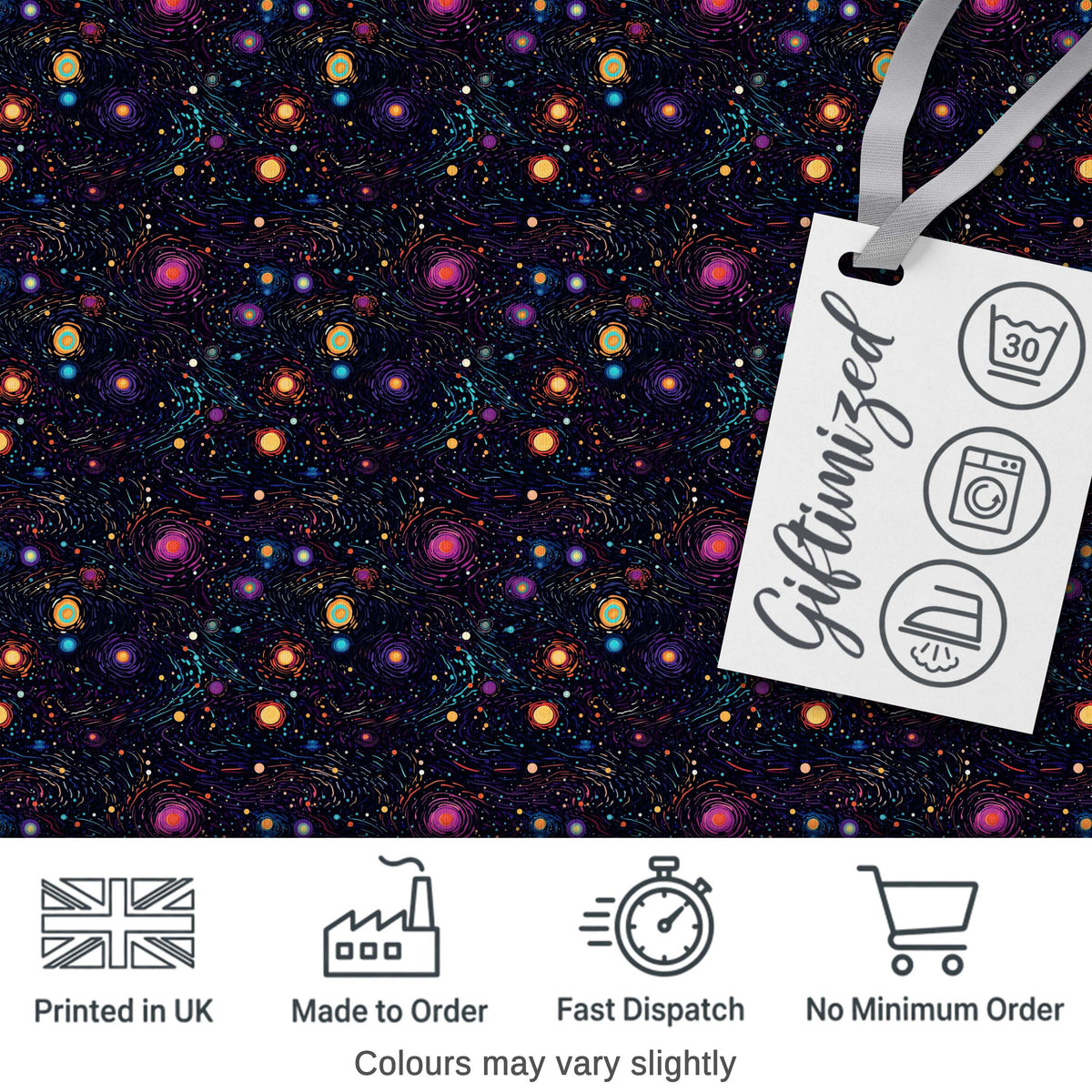 Neon Galaxy Swirl Dots Cosmic Space Seamless Pattern Night Sky Digital Print Fabric by the Metre UK Sewing Quilting Textile