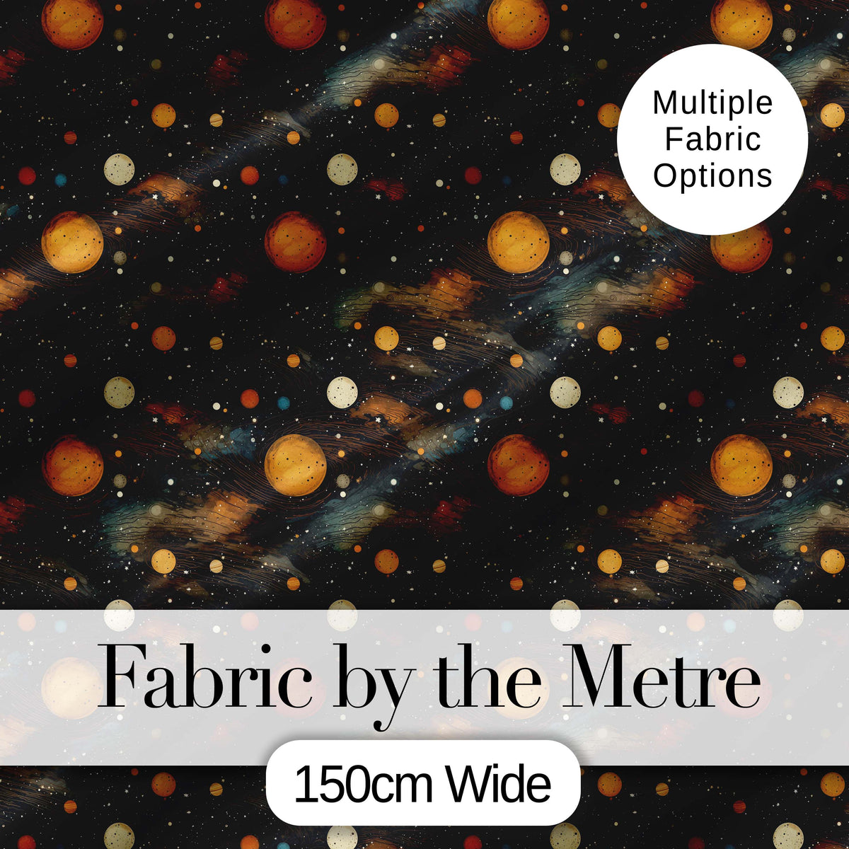 Dark Golden Planets Galaxy Space Seamless Pattern Elegant Cosmic Digital Print Fabric by the Metre UK Sewing Quilting Textile