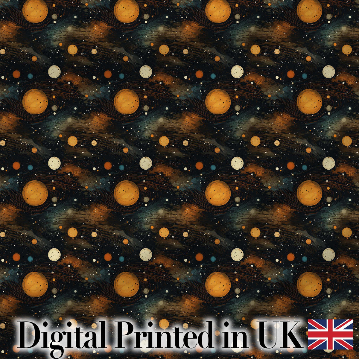 Dark Golden Planets Galaxy Space Seamless Pattern Elegant Cosmic Digital Print Fabric by the Metre UK Sewing Quilting Textile