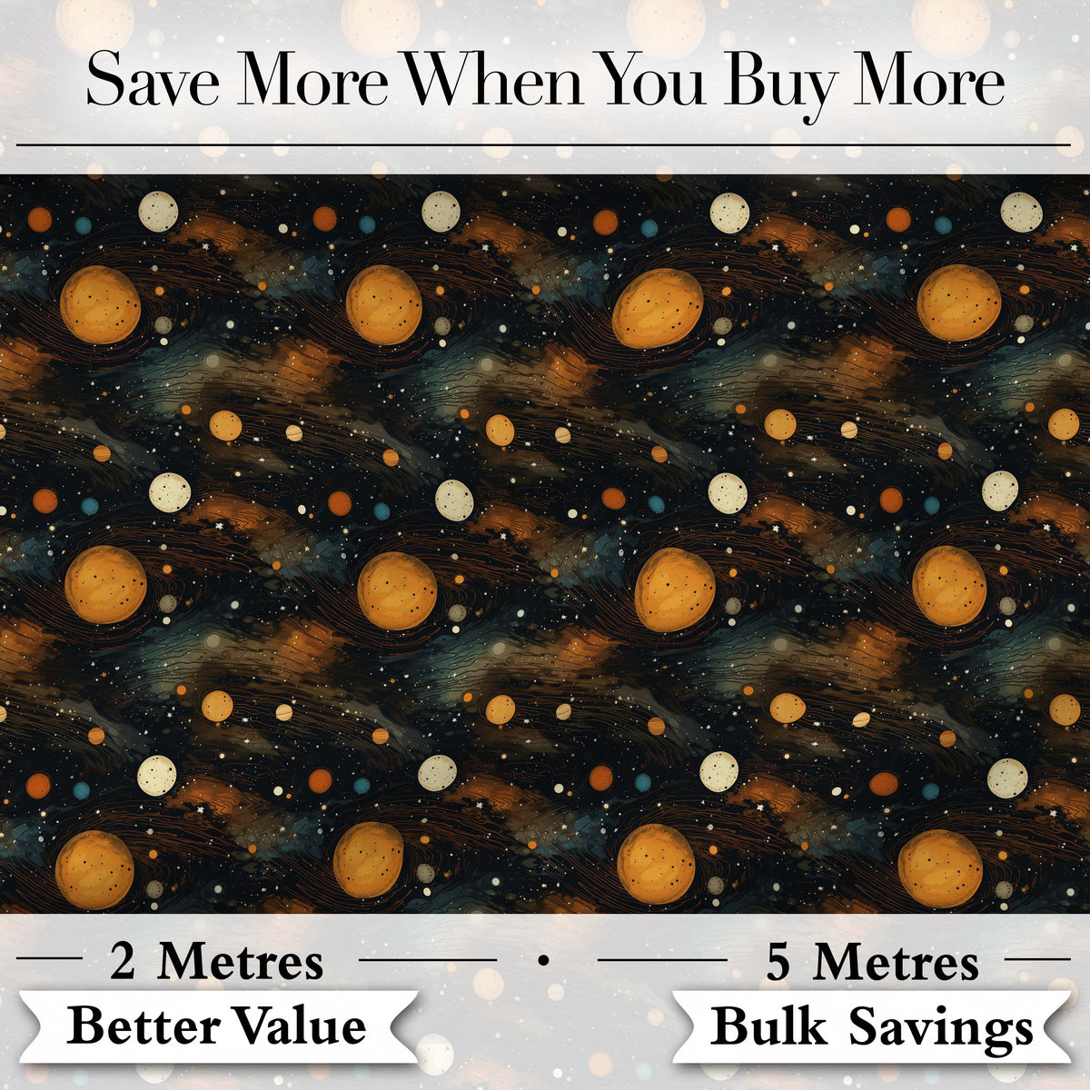 Dark Golden Planets Galaxy Space Seamless Pattern Elegant Cosmic Digital Print Fabric by the Metre UK Sewing Quilting Textile