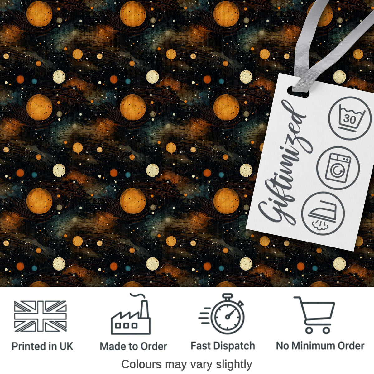 Dark Golden Planets Galaxy Space Seamless Pattern Elegant Cosmic Digital Print Fabric by the Metre UK Sewing Quilting Textile